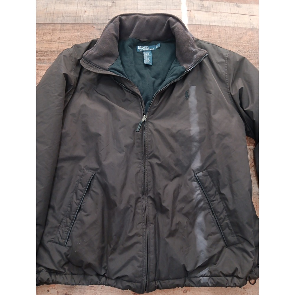Polo Ralph Lauren Jacket Large Black Hooded Solid Leather Trim VTG  90's